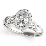 White gold Oval Halo Diamond Ring with Scrollwork Band and Four-Prong Setting