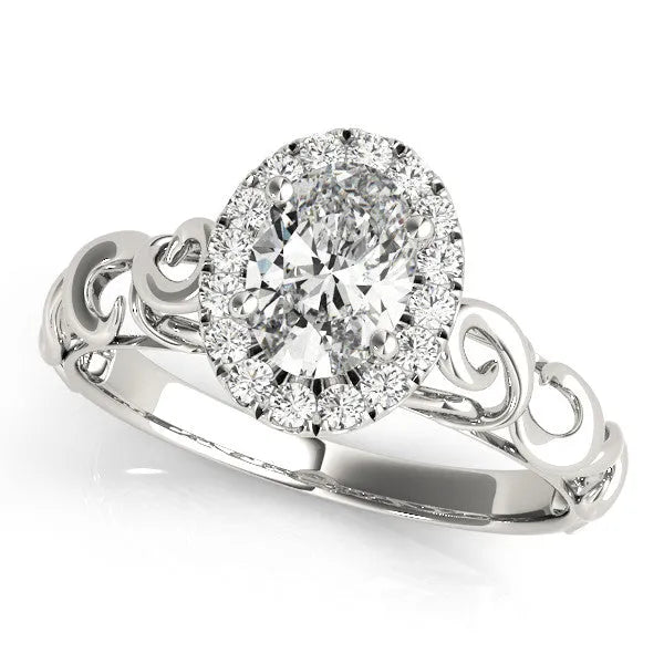 White gold Oval Halo Diamond Ring with Scrollwork Band and Four-Prong Setting