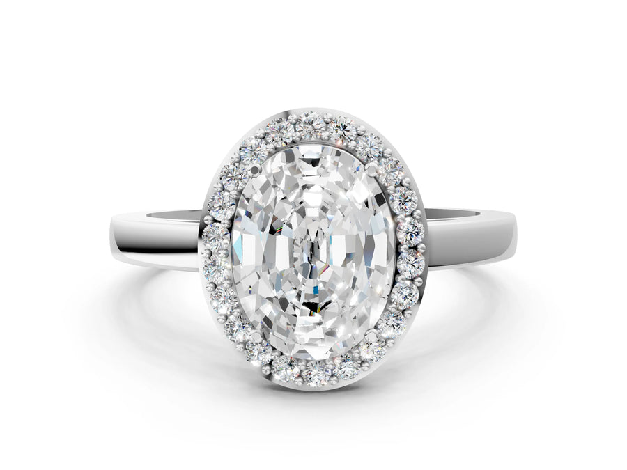 White gold Oval Halo Diamond Ring with Solitaire Band and Prong Setting