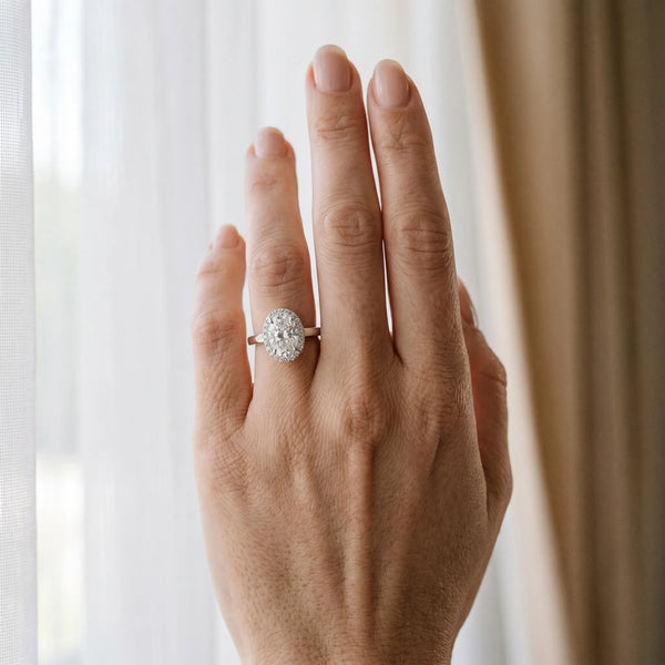 White gold Oval Halo Diamond Ring with Solitaire Band and Prong Setting