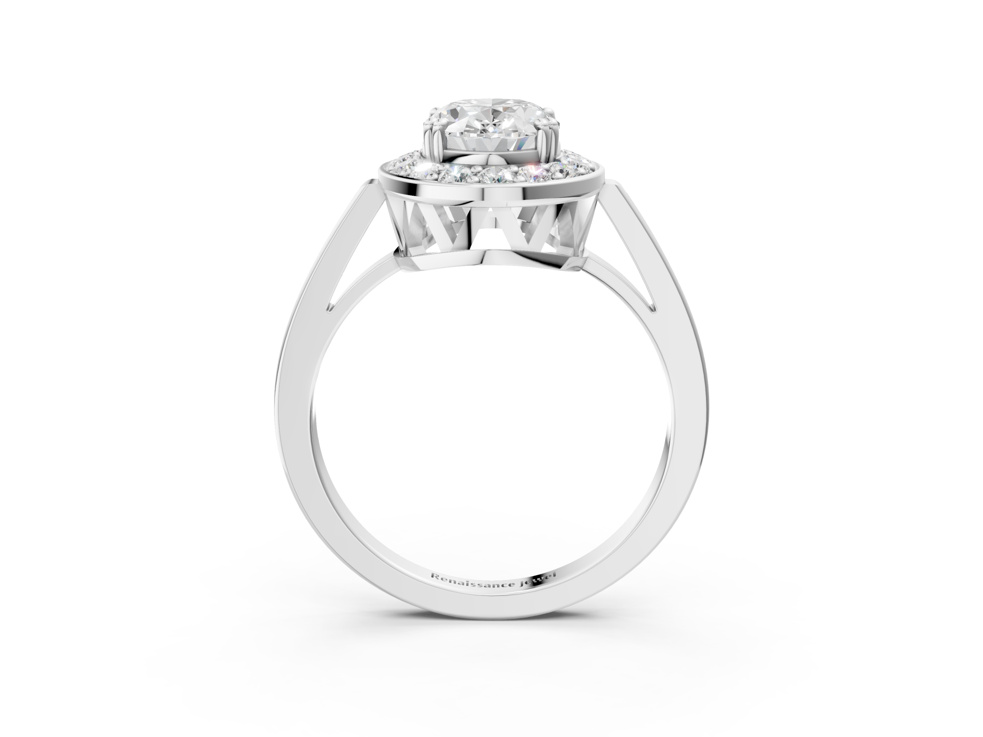 White gold Oval Halo Diamond Ring with Split Shank and Four-Prong Setting_72
