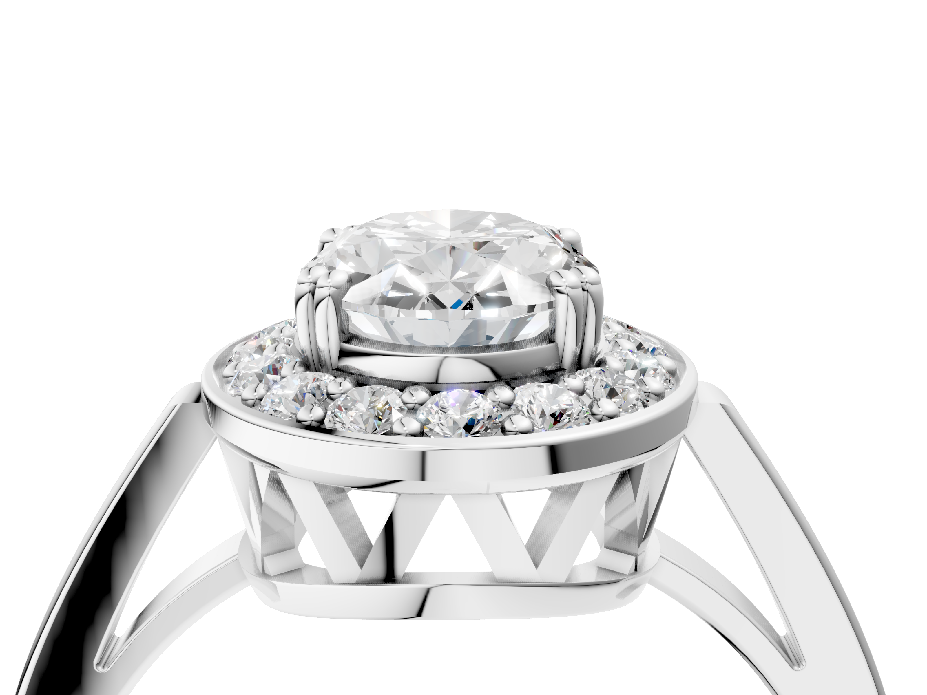 White gold Oval Halo Diamond Ring with Split Shank and Four-Prong Setting_73