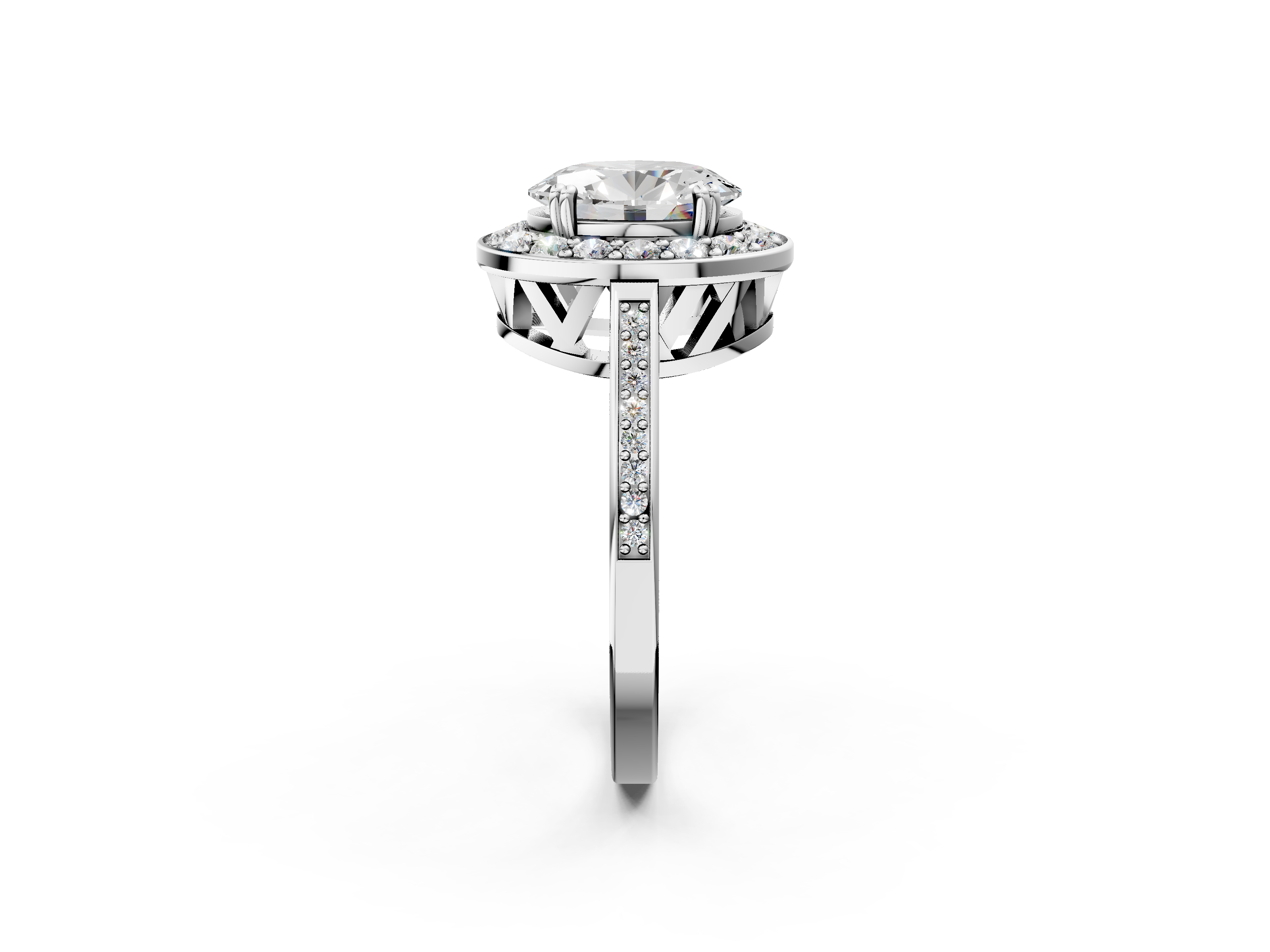 White gold Oval Halo Diamond Ring with Split Shank and Four-Prong Setting_75