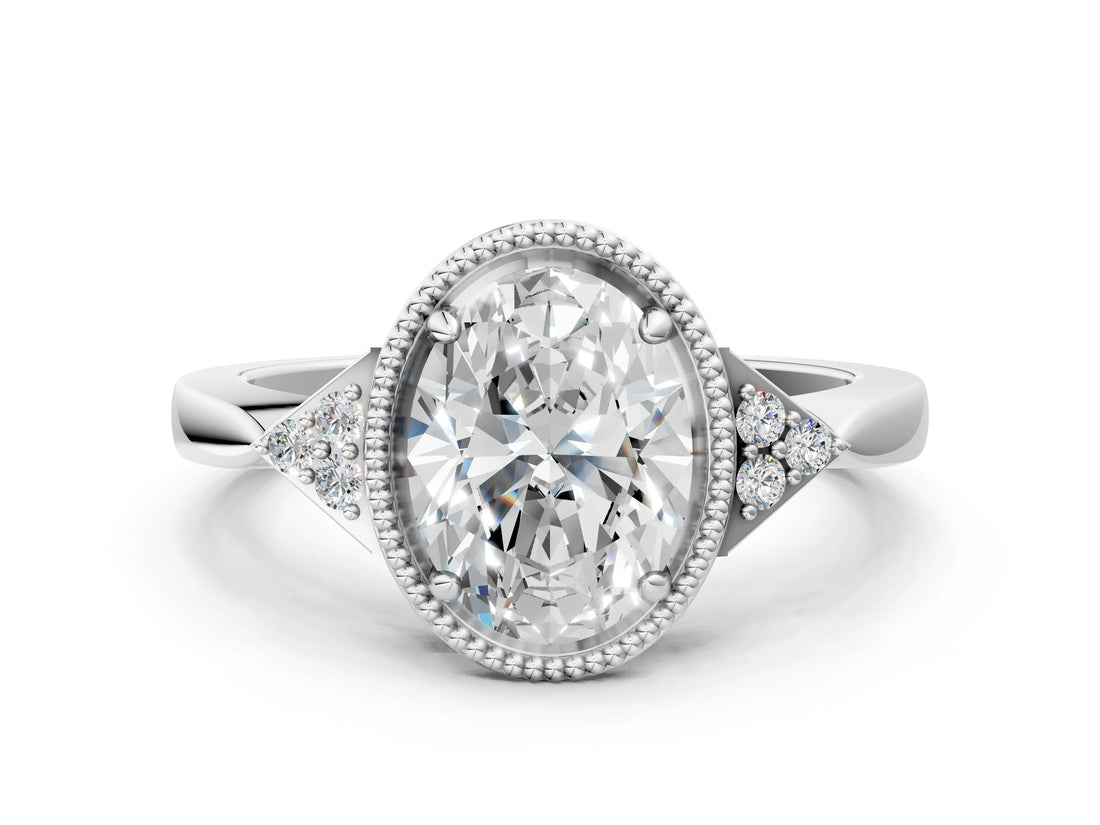 Silver 1.51 Carat D VVS2 Oval Diamond Halo Ring with Tapered Band and Four-Prong Setting