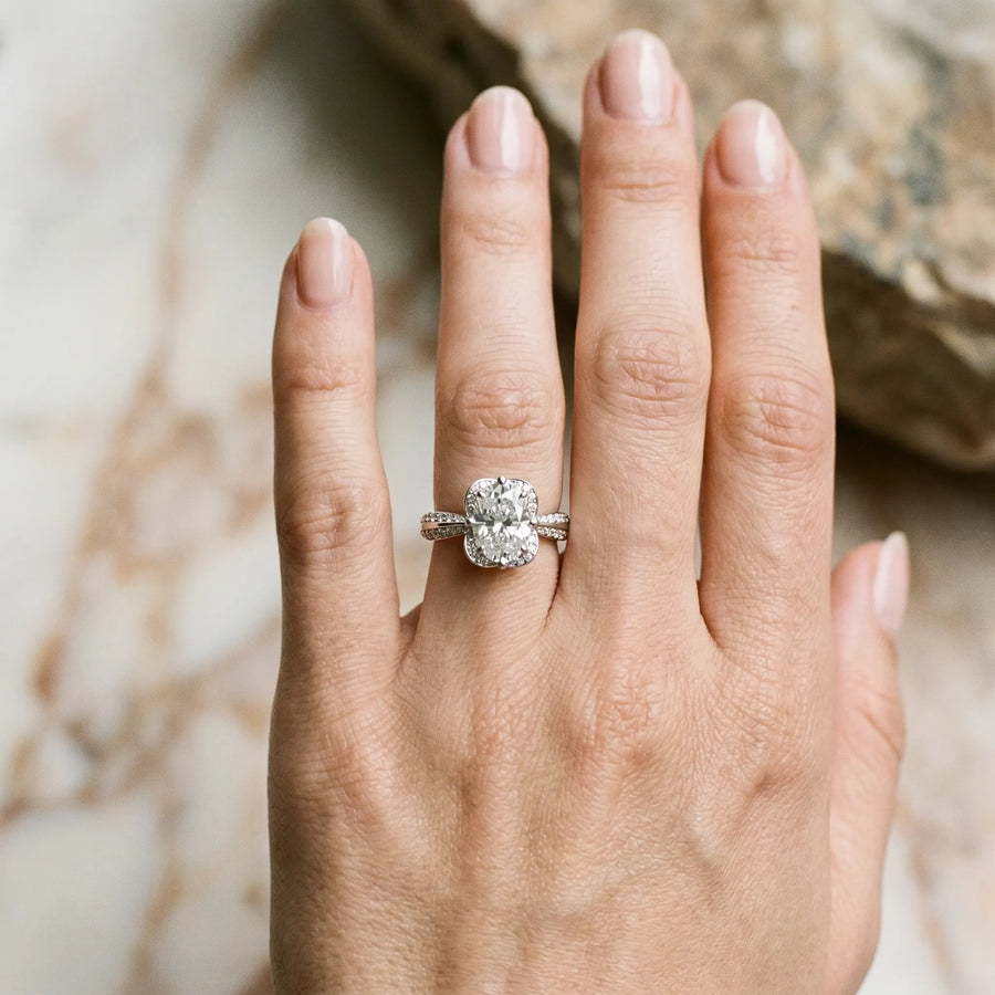 White gold Oval Halo Diamond Split Shank Ring with Four-Prong Setting