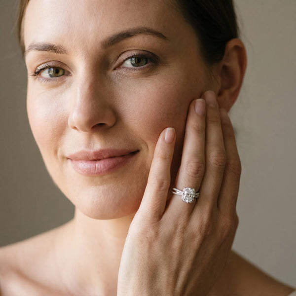 White gold Oval Halo Diamond Split Shank Ring with Four-Prong Setting