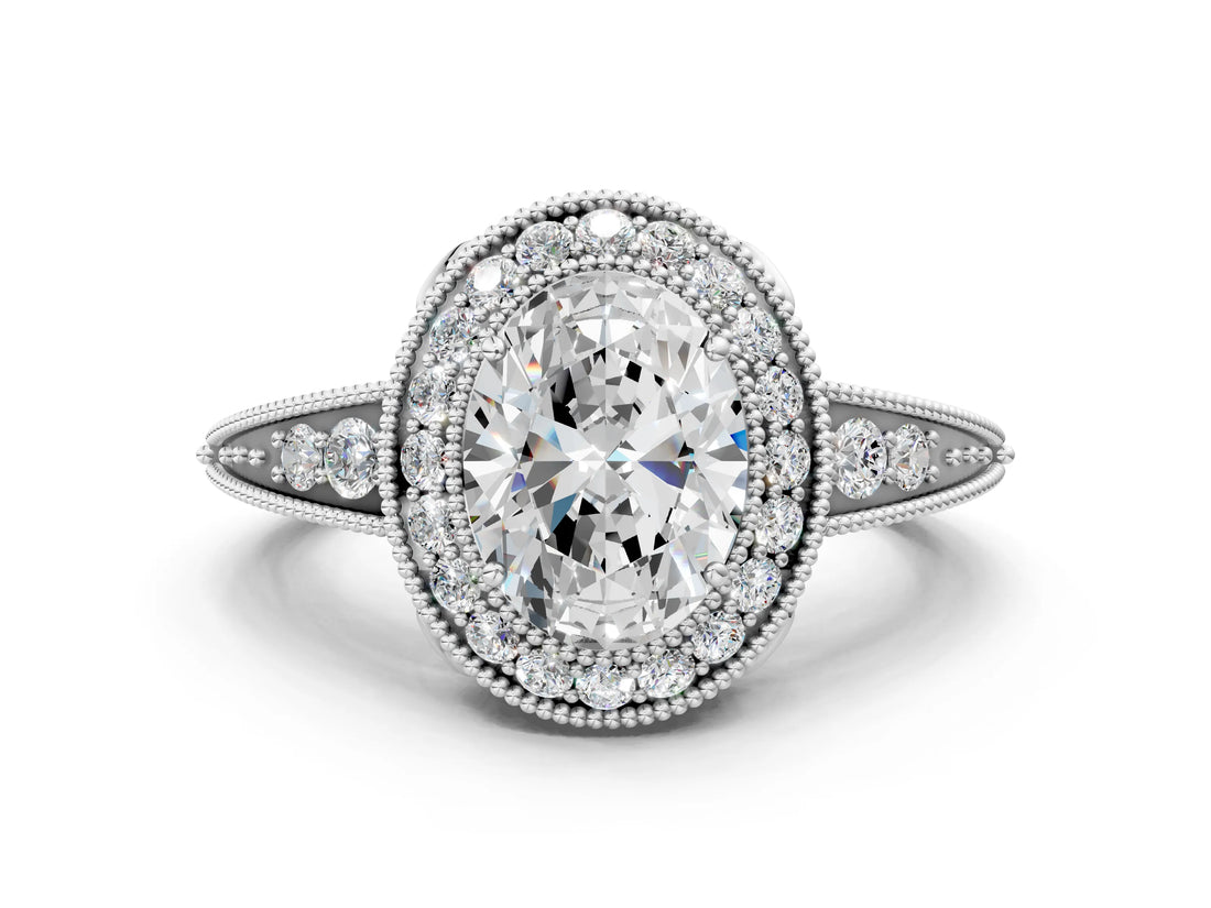 White gold Oval Halo Diamond Split Shank Ring with Milgrain Detail_48