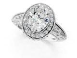 White gold Oval Halo Diamond Split Shank Ring with Milgrain Detail_49