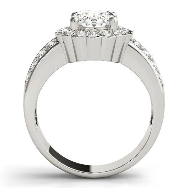 White gold Oval Halo Diamond Split Shank Ring with Scalloped Prong Setting