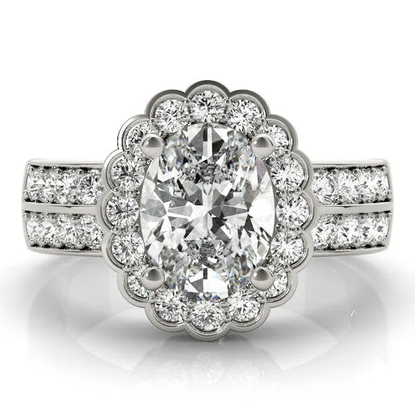 White gold Oval Halo Diamond Split Shank Ring with Scalloped Prong Setting