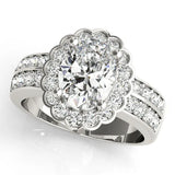 White gold Oval Halo Diamond Split Shank Ring with Scalloped Prong Setting