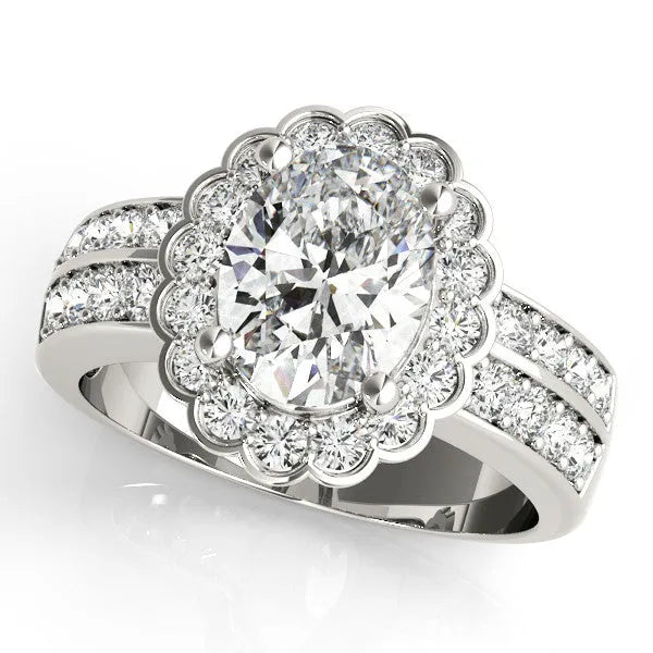 White gold Oval Halo Diamond Split Shank Ring with Scalloped Prong Setting