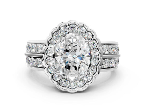 White gold Oval Halo Diamond Split Shank Ring with Scalloped Prong Setting