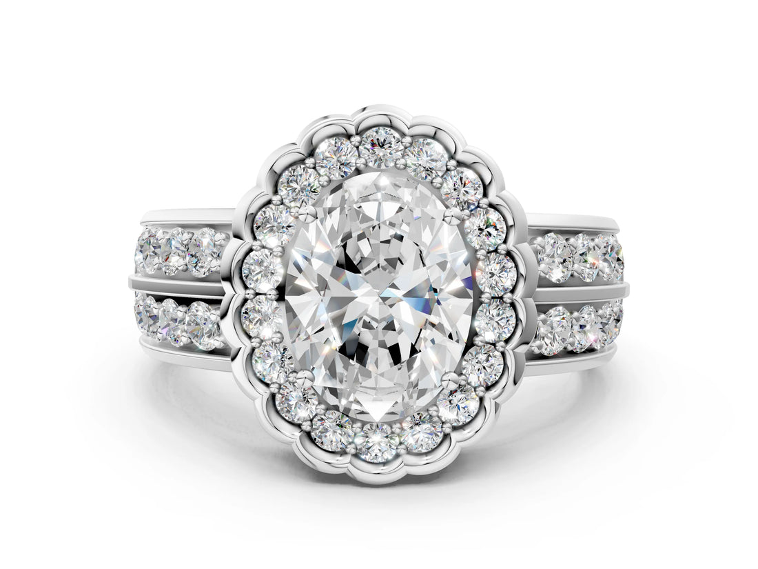 White gold Oval Halo Diamond Split Shank Ring with Scalloped Prong Setting_23