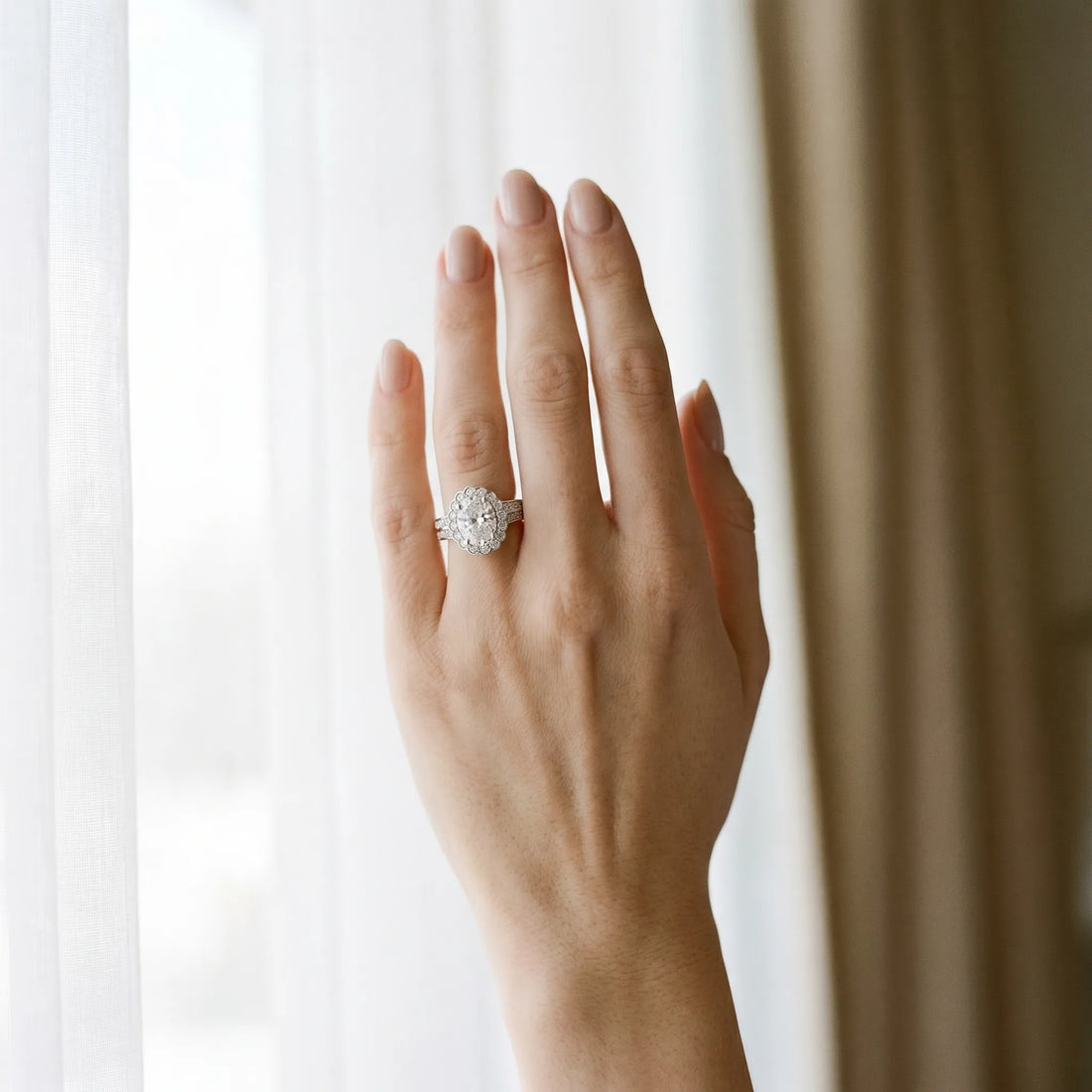 White gold Oval Halo Diamond Split Shank Ring with Scalloped Prong Setting_6