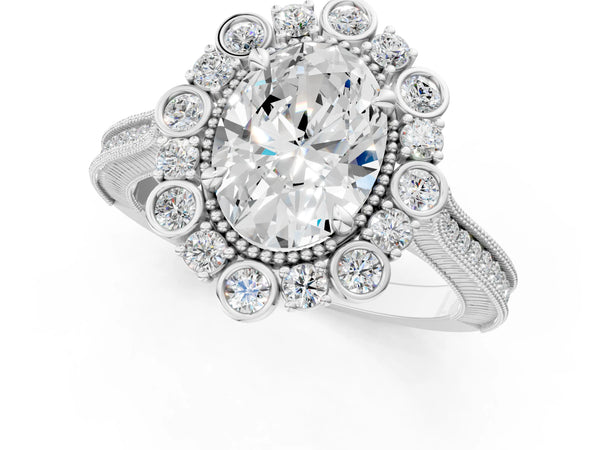White gold Oval Halo Milgrain Pave Diamond Ring with Four-Prong Setting