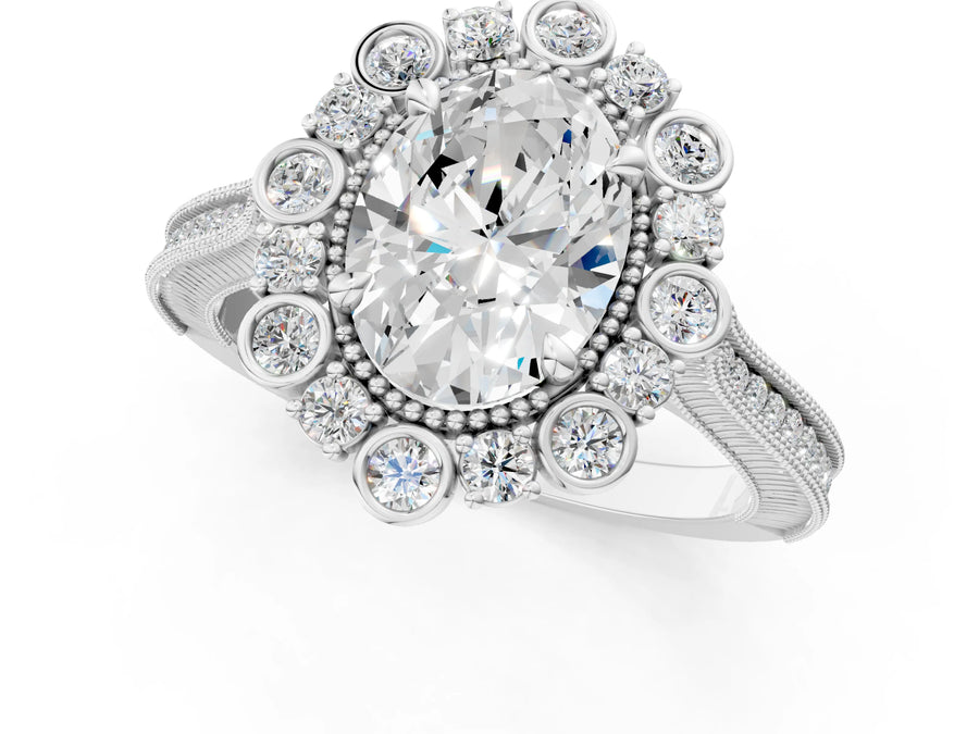 White gold Oval Halo Milgrain Pave Diamond Ring with Four-Prong Setting