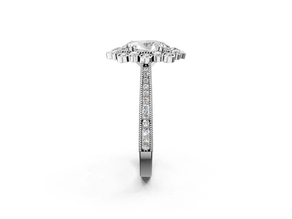 White gold Oval Halo Milgrain Pave Diamond Ring with Four-Prong Setting