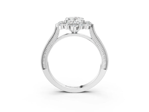 White gold Oval Halo Milgrain Pave Diamond Ring with Four-Prong Setting