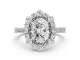 White gold Oval Halo Milgrain Pave Diamond Ring with Four-Prong Setting