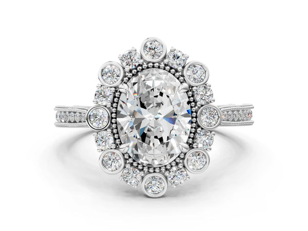 White gold Oval Halo Milgrain Pave Diamond Ring with Four-Prong Setting