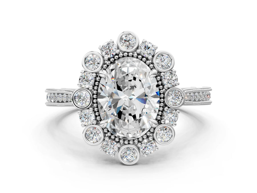 White gold Oval Halo Milgrain Pave Diamond Ring with Four-Prong Setting