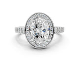 White gold Oval Halo Milgrain Solitaire with Bezel Set Side Stones and Pave Band_21