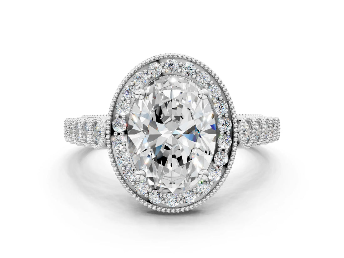 White gold Oval Halo Milgrain Solitaire with Bezel Set Side Stones and Pave Band_22