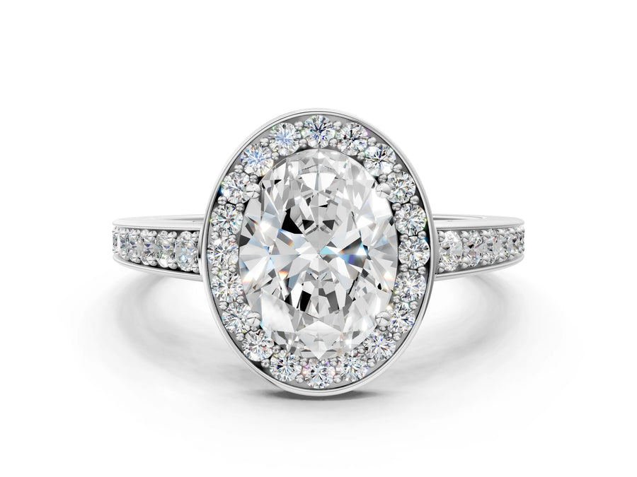 White gold Oval Halo Pavé Diamond Engagement Ring with Bezel Setting