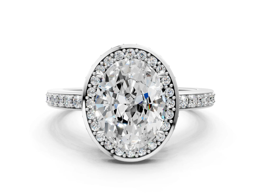 White gold Oval Halo Pave Band Solitaire Ring with Prong Setting_66