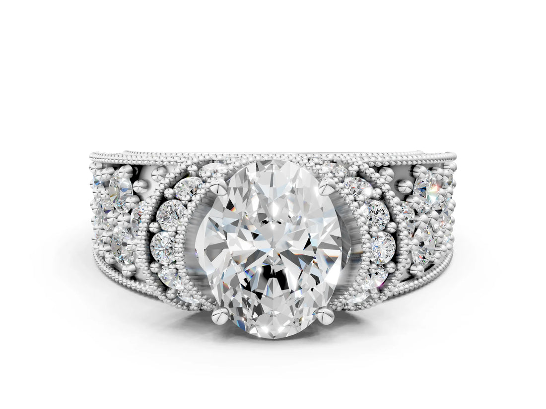 White gold Oval Halo Pave Diamond Engagement Ring with Milgrain Detailing_49
