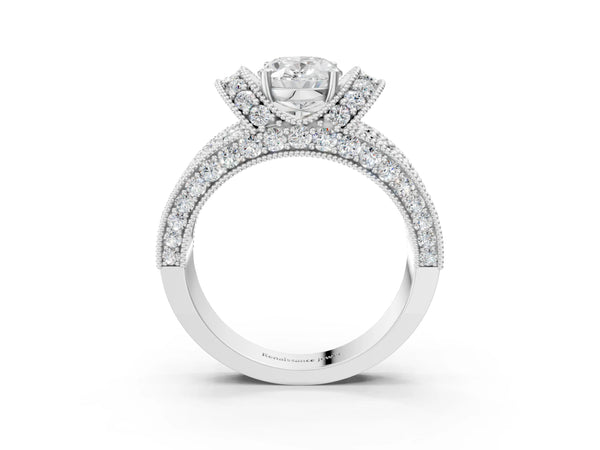 Platinum Oval Vintage Pave Engagement Ring Setting with Curved Side Rows, Milgrain and Pave Gallery