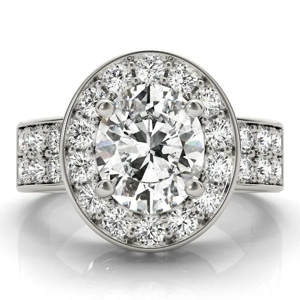 White gold Oval Halo Pave Diamond Ring with Four-Prong Setting