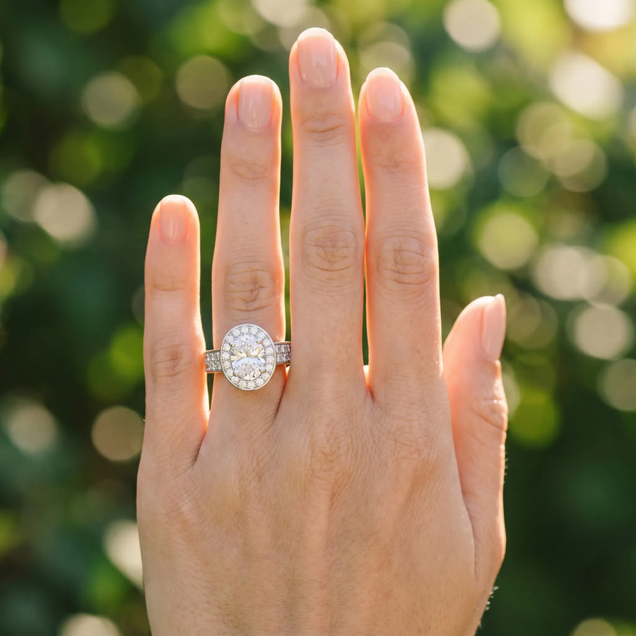 White gold Oval Halo Pave Diamond Ring with Four-Prong Setting