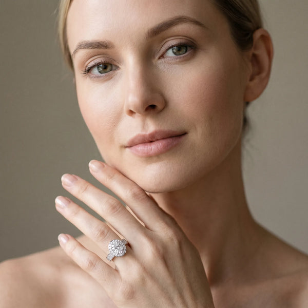 White gold Oval Halo Pave Diamond Ring with Four-Prong Setting