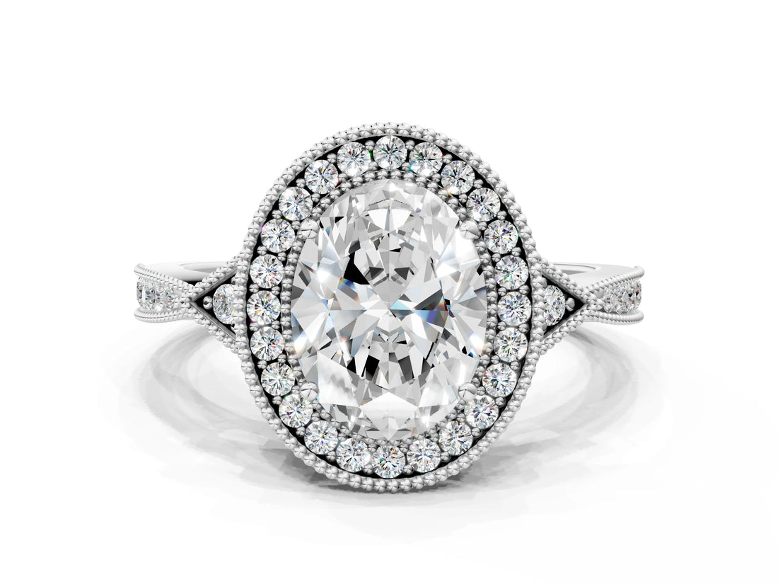 White gold Oval Halo Round Diamond Milgrain Pave Engagement Ring_21