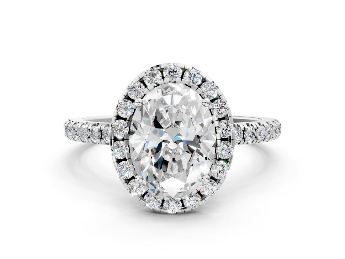 White gold Oval Halo Round Diamond Pavé Band Four-Prong Ring_3