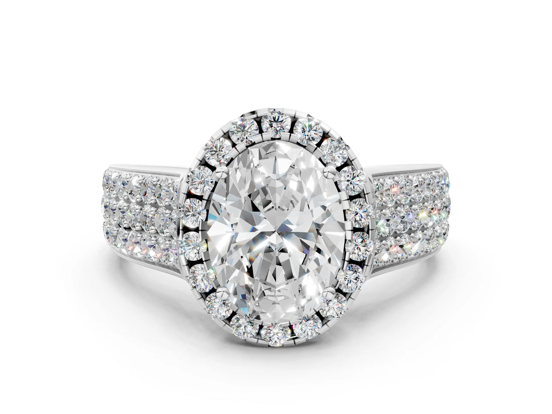 White gold Oval Halo Round Diamond Pave Band with Prong Setting_12