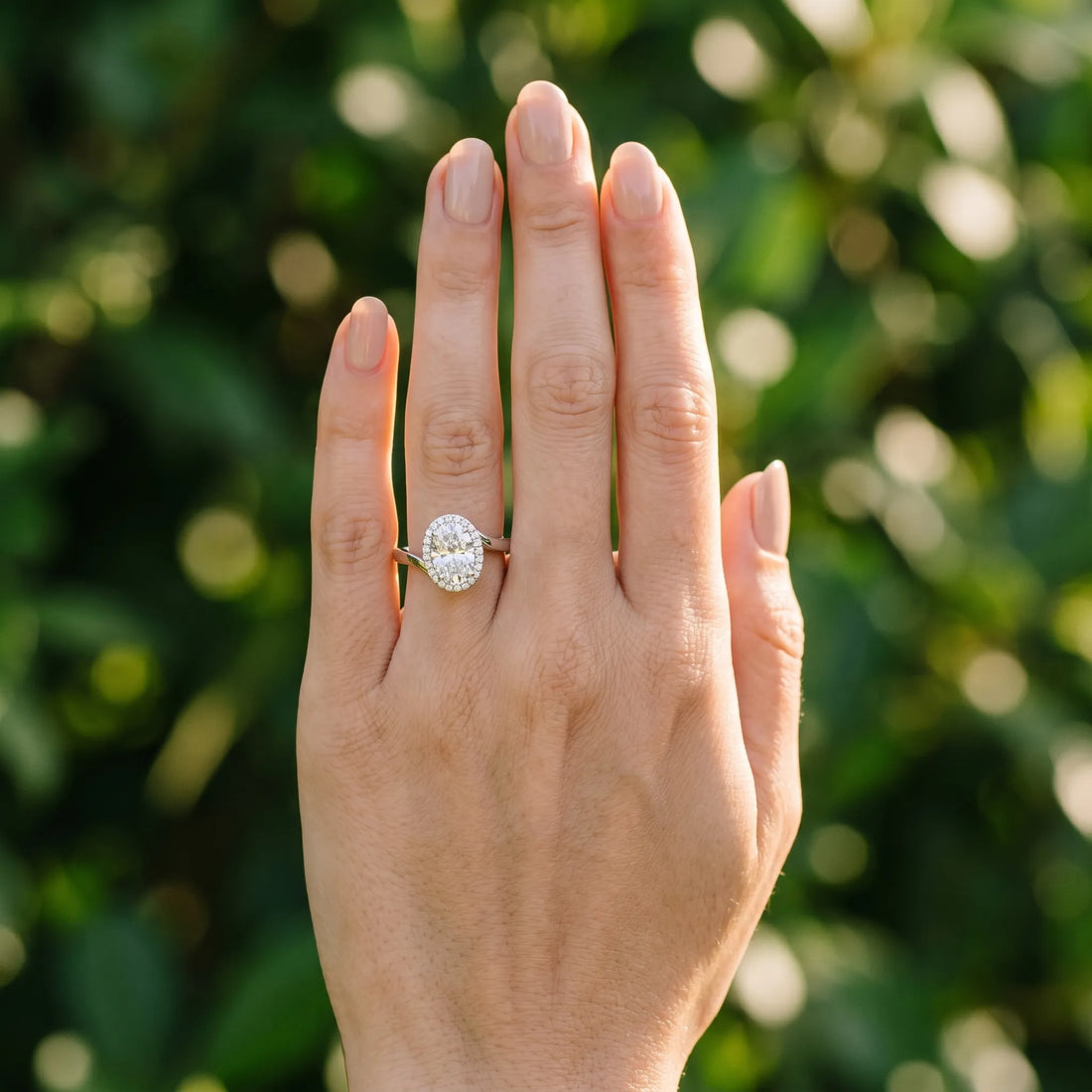 White gold Oval Halo Solitaire Diamond Ring with Split Shank and Prong Setting_19