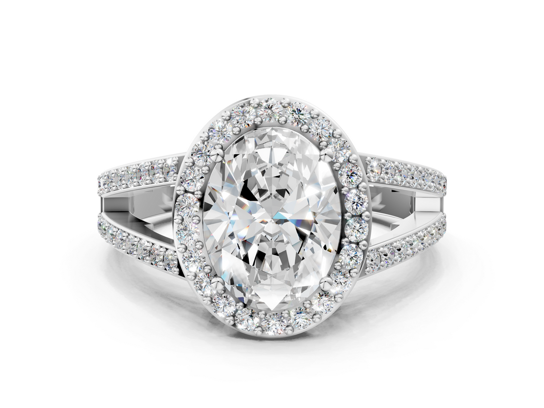 White gold Oval Halo Split Shank Diamond Ring with Four-Prong Setting_49