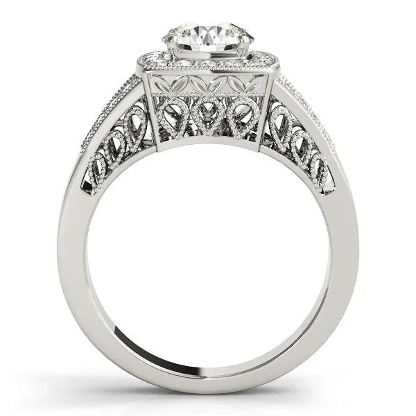 White gold Oval Halo Split Shank Diamond Ring with Milgrain Prong Setting