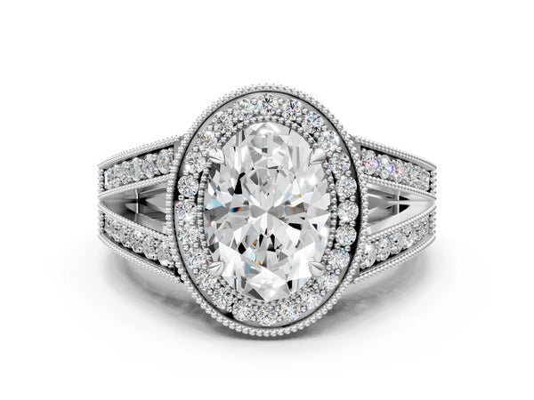 White gold Oval Halo Split Shank Diamond Ring with Milgrain Prong Setting