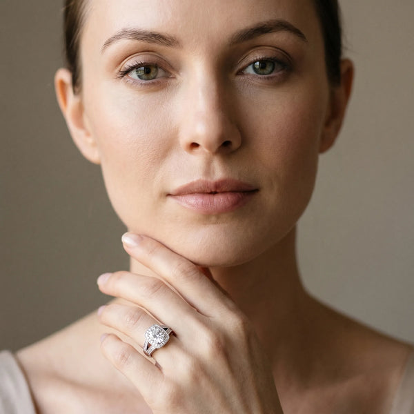 White gold Oval Halo Split Shank Diamond Ring with Milgrain Prong Setting