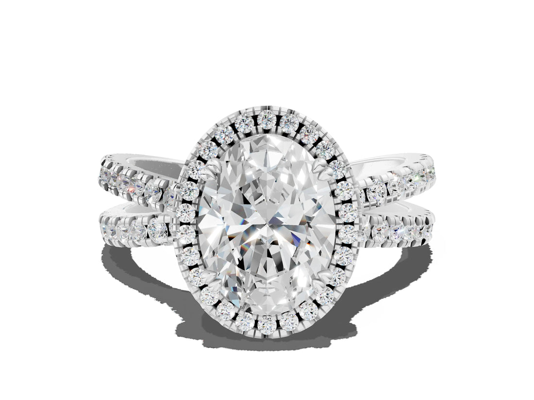 White gold Oval Halo Split Shank Diamond Ring with Pavé Setting_27