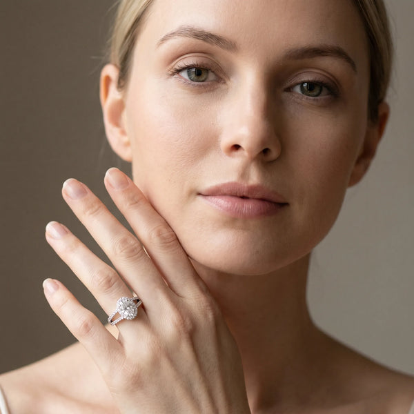 White gold Oval Halo Split Shank Diamond Ring with Prong Setting