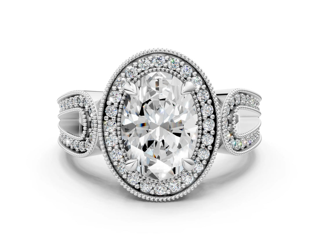 White gold Oval Halo Split Shank Milgrain Diamond Ring_18