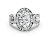 White gold Oval Halo Split Shank Milgrain Diamond Ring_18