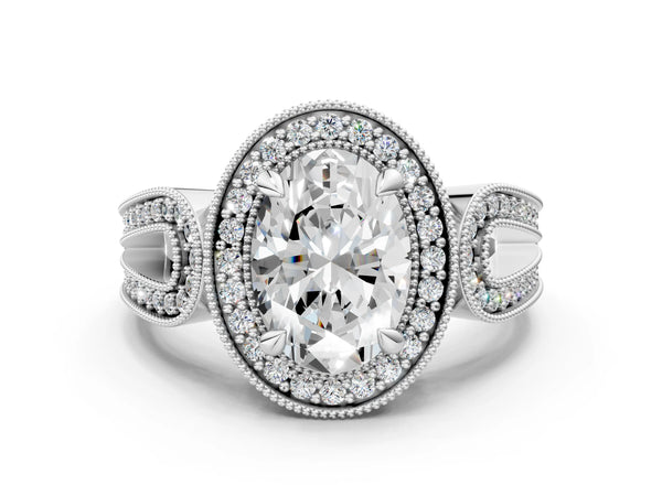 White Gold Oval Vintage Milgrain Halo Engagement Ring Setting with Pave Loop Shoulders