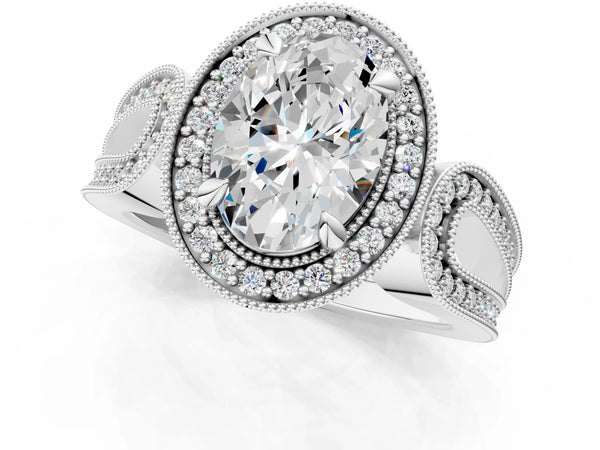White Gold Oval Vintage Milgrain Halo Engagement Ring Setting with Pave Loop Shoulders