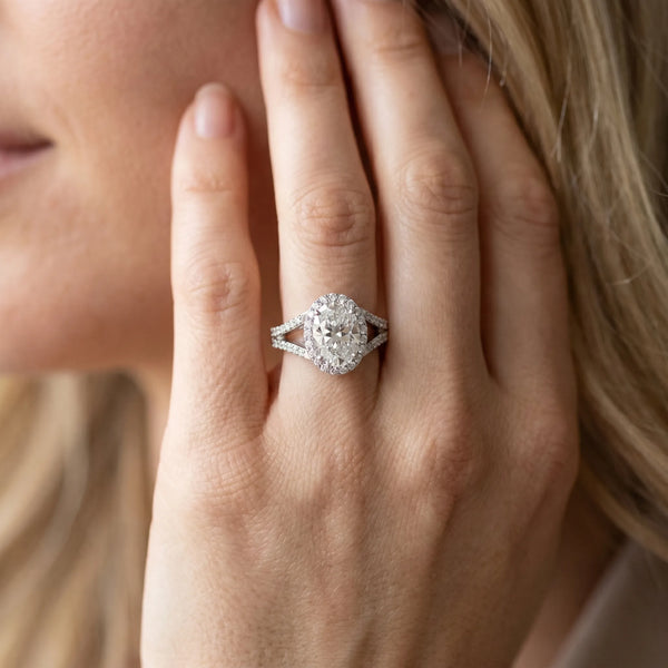 White gold Oval Halo Split Shank Pave Diamond Ring with Four-Prong Setting